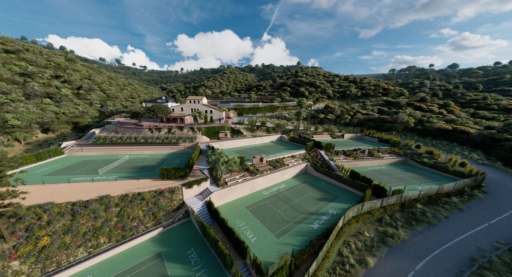 Recreación aérea de Can Marlès: la masía restaurada en lo alto y las pistas del TEC escalonadas entre la vegetación de Collserola